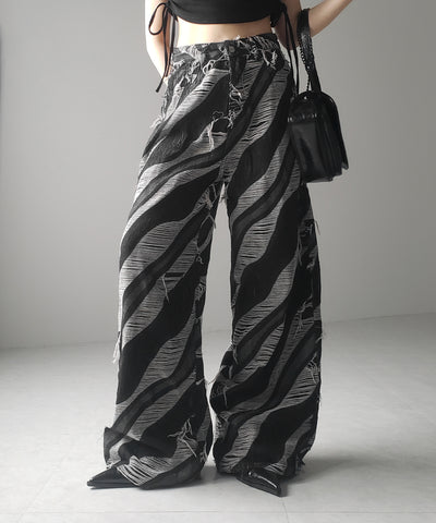 【 ２color ／ ４size 】バイカラーカットフリンジダメージワイドデニム ／ bicolor cut fringe damaged wide denim