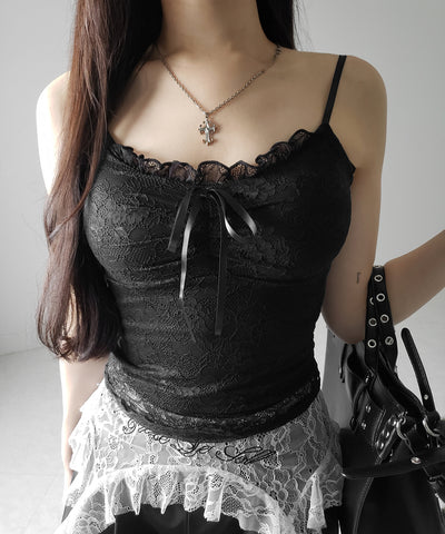 【 ２color 】フロントリボンレースレイヤードキャミソール ／ front ribbon lace layered camisole