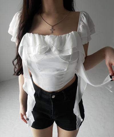 【 ２color ／ ２WAY 】シアーフリルコルセットサテンショートブラウス ／ sheer frill corset satin short blouse
