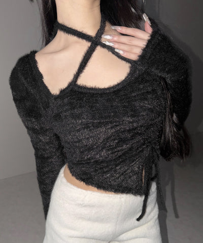【 ３color 】クロスネックシャーリングリボンシャギートップス ／ cross neck shirring ribbon shaggy tops