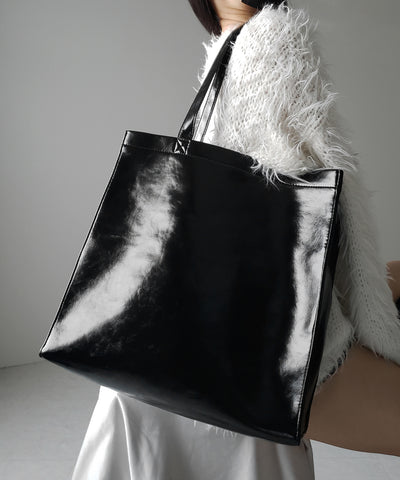 【 ２color ／ 大容量 】フェイクレザービッグスクエアトートバッグ ／ fake leather big square tote bag