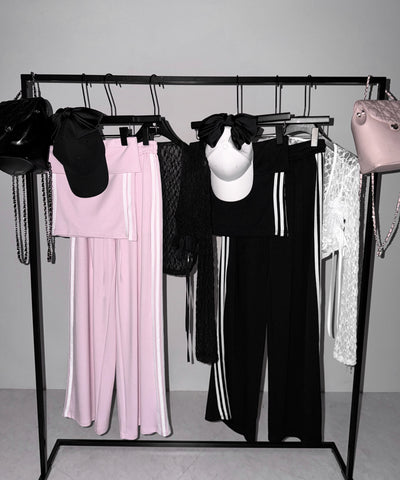 【 セットアップ 】サイドラインベアトップ＋タックワイドカットソーパンツ SETUP ／ ( SETUP ) sideline bare top + tack wide cutsew pants