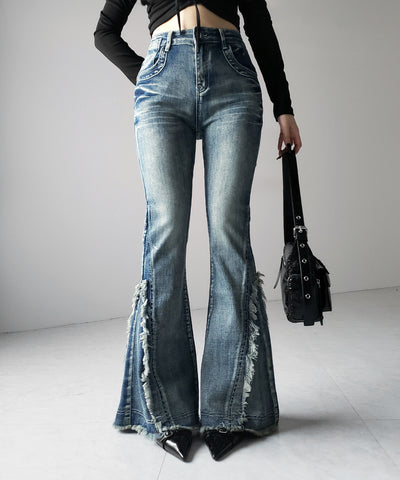 ヴィンテージライクフリンジストレッチフレアデニム ／ Vintage-like fringe stretch flare denim