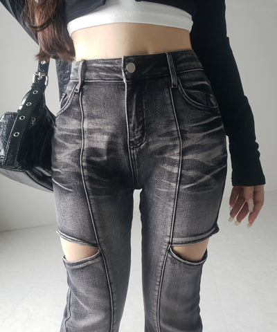 【 ２color ／ ３size 】カットアウトヴィンテージストレッチフレアデニム ／ cutout vintage stretch flare denim