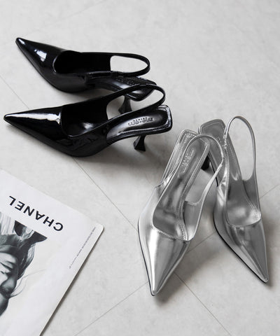 【 ２color 】ポインテッドトゥチャンキーヒールメタリックミュール ／ pointed toe chunky heel metallic mules