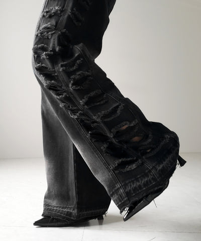 【 ４size 】ヘビークラッシュサイドダメージブラックヴィンテージデニム ／ heavy crush side damage black vintage denim