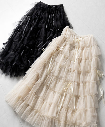 【 ４color 】ストラップリボンバレエコアチュールスカート ／strap ribbon ballet core tulle skirt