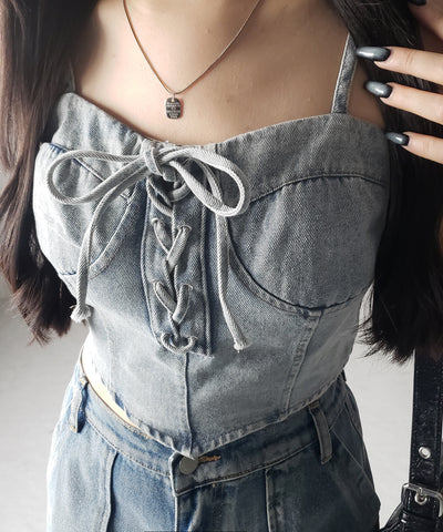【 ２color 】レースアップリボンコルセットデニムビスチェ ／ lace up ribbon corset denim bustier