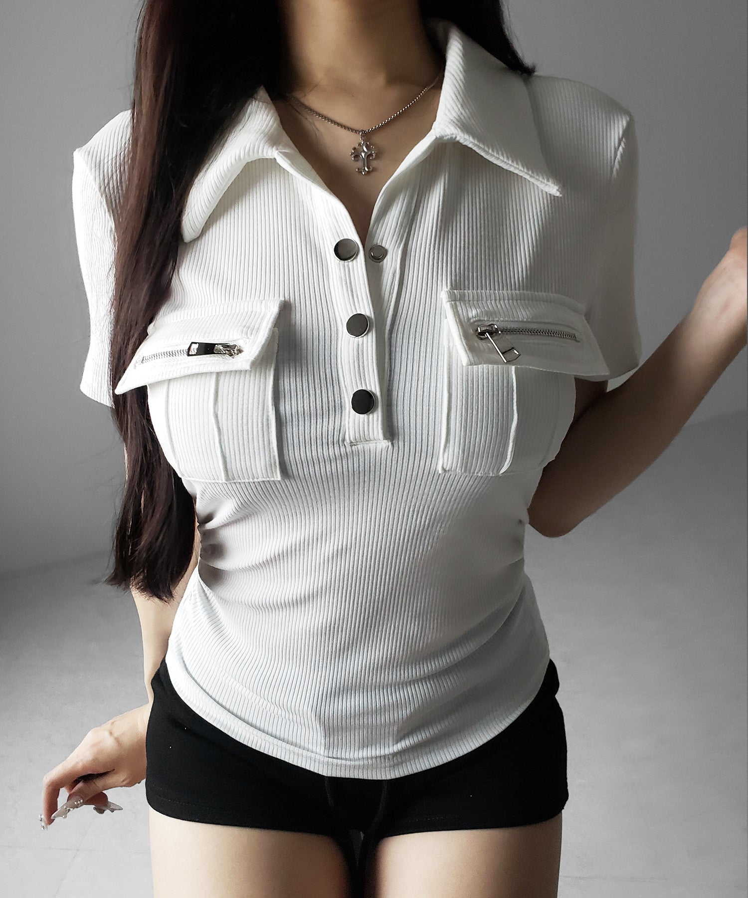 アウトポケットポロネックリブカットソートップス ／ out pocket polo neck rib cutsew tops