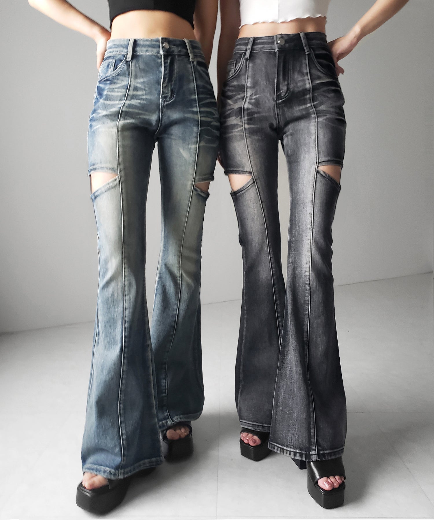 【 ２color ／ ３size 】カットアウトヴィンテージストレッチフレアデニム ／ cutout vintage stretch flare denim