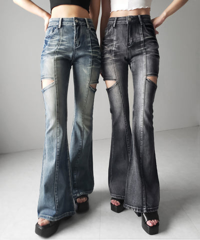 【 ２color ／ ３size 】カットアウトヴィンテージストレッチフレアデニム ／ cutout vintage stretch flare denim