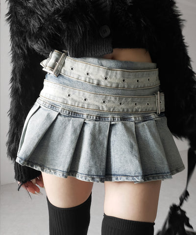 【 インパン裏地付 】ダブルベルトヴィンテージデニムプリーツミニスカート ／ double belt vintage denim pleats mini skirt