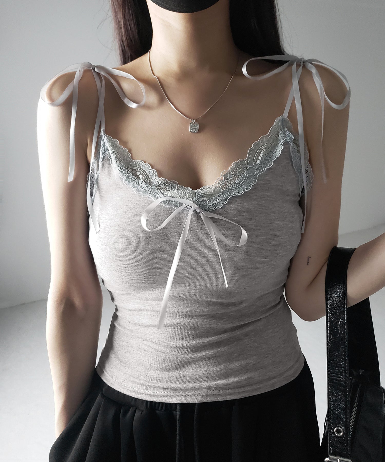 【 ４color 】３サテンリボンレースリブキャミソール ／ three satin ribbon lace lib camisole