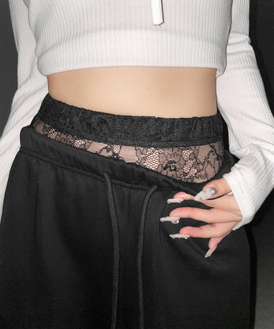 ウエストレースレイヤードスウェットパンツ ／ waist lace layered sweat pants