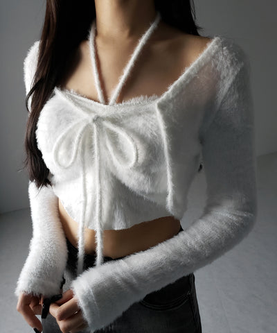 【 ２点セット 】シャギーリボンベアトップス ＆ ショートシャギーカーディガン SET ／ Shaggy ribbon bare tops & short shaggy cardigan