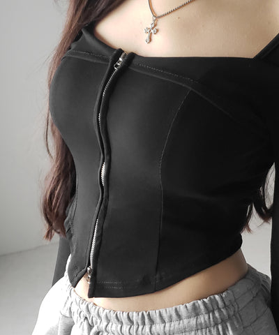 【 ２color 】ダブルジップコルセットスクエアネックロンＴ ／ double zip corset square neck longsleeve T-Shirt