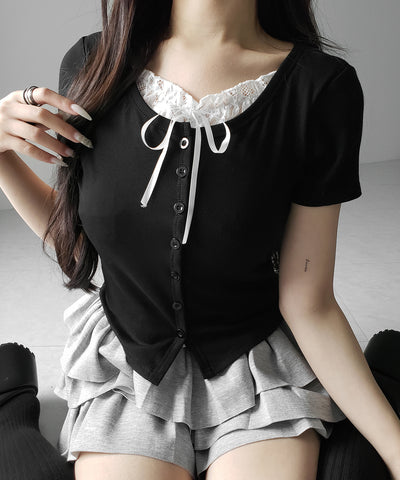 フロントリボンレースレイヤード半袖リブトップス ／front ribbon lace layered short sleeve rib tops