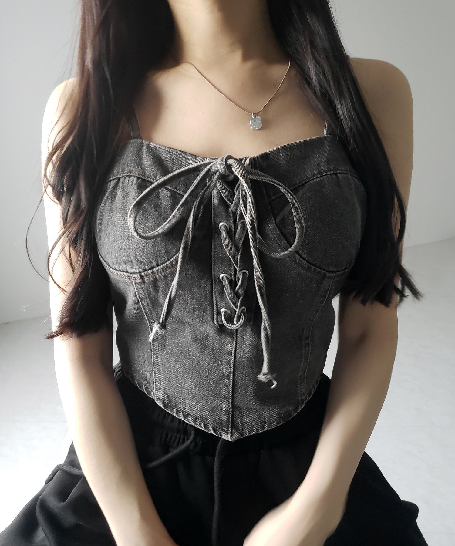 【 ２color 】レースアップリボンコルセットデニムビスチェ ／ lace up ribbon corset denim bustier