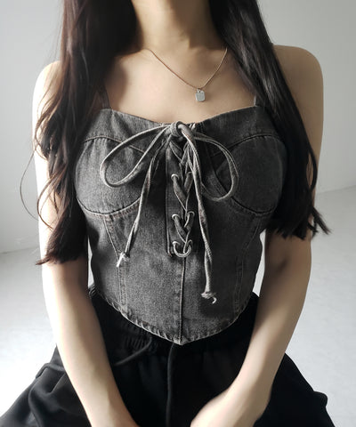 【 ２color 】レースアップリボンコルセットデニムビスチェ ／ lace up ribbon corset denim bustier