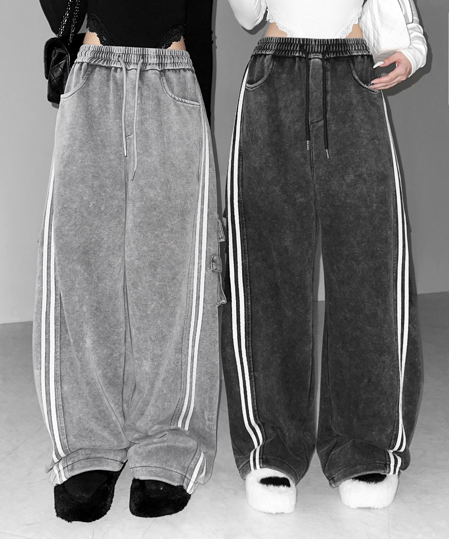 【 裾絞り可能２WAY 】サイドラインピグメントワイドカーゴスウェットパンツ ／ sideline pigment wide cargo sweatpants