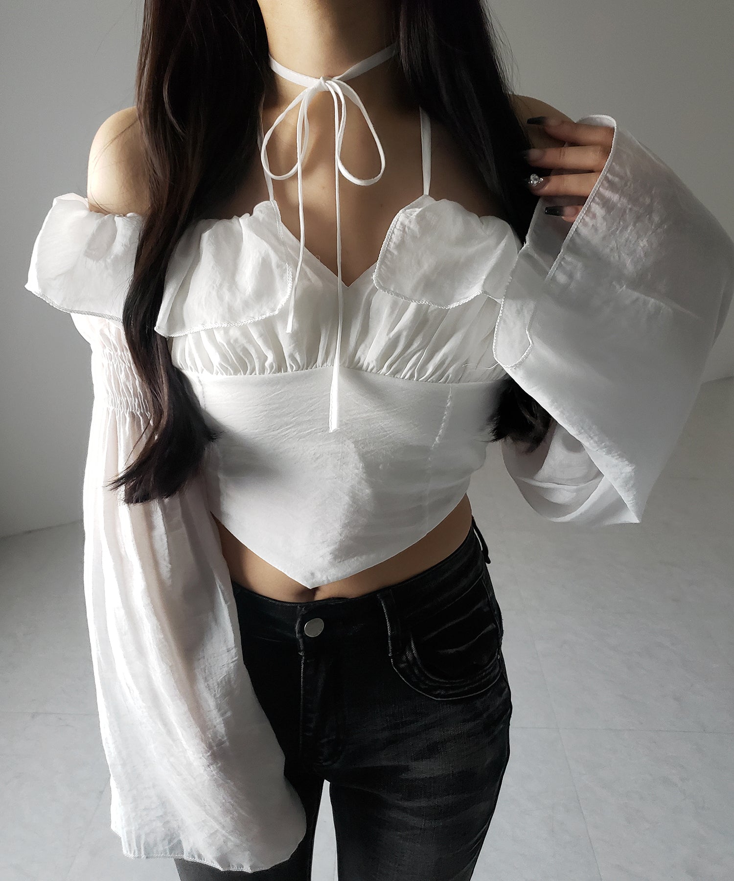 【 ２color ／ ３WAY 】チョーカーリボンフレアスリーブオフショルブラウス ／ choker ribbon flare sleeve off-shoulder blouse