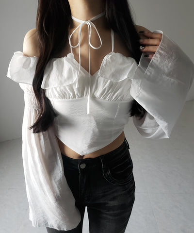 【 ２color ／ ３WAY 】チョーカーリボンフレアスリーブオフショルブラウス ／ choker ribbon flare sleeve off-shoulder blouse