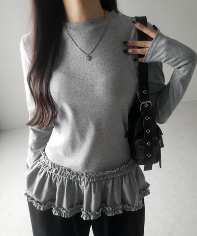 【 ３color 】裾フリルレイヤード長袖トップス ／ hem frill layered long sleeve tops