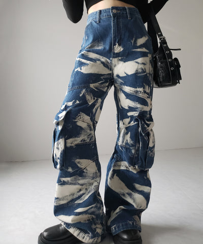 【 ２color ／ ４size 】クラッシュブリーチストレートカーゴデニム ／crash bleach straight cargo denim