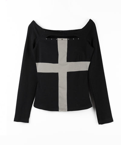 十字架クロスデザインカットアウトオフショルスリムトップス ／ cross design cutout offshoulder slim tops