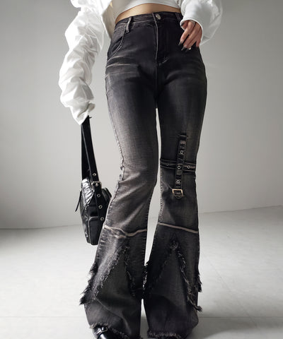 【 ２color ／ ４size 】クロスデザインヴィンテージライクフリンジストレッチフレアデニム ／ cross design vintage-like fringe stretch flare denim