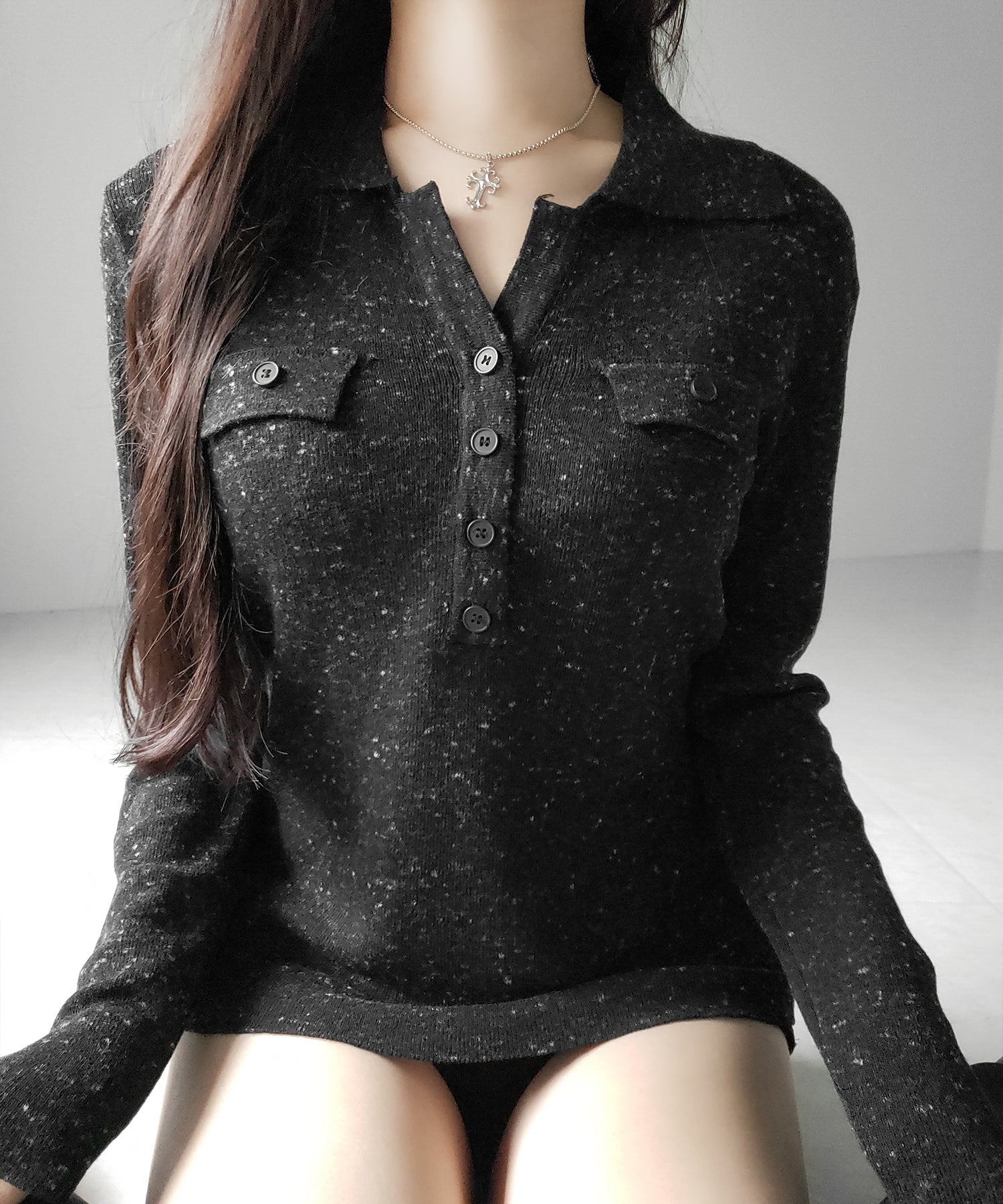 スキッパーボタン長袖ロングニットトップス ／ skipper button long sleeve long sheer knit tops