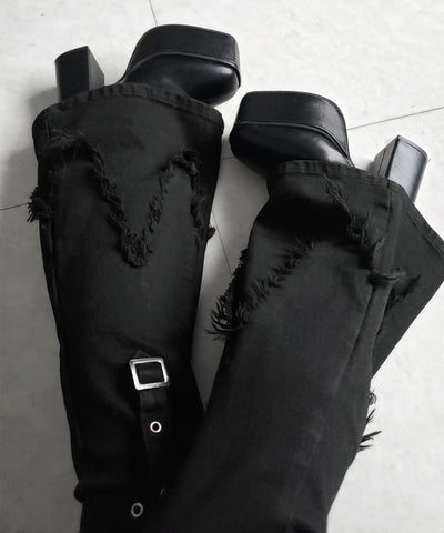 クロスデザインヴィンテージライクフリンジストレッチフレアデニム ／ cross design vintage-like fringe stretch flare denim