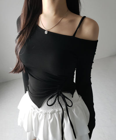 【 裏起毛 ／ カップ付 】サイドシャーリングリボンワンショルトップス ／ side shirring ribbon one shoulder tops