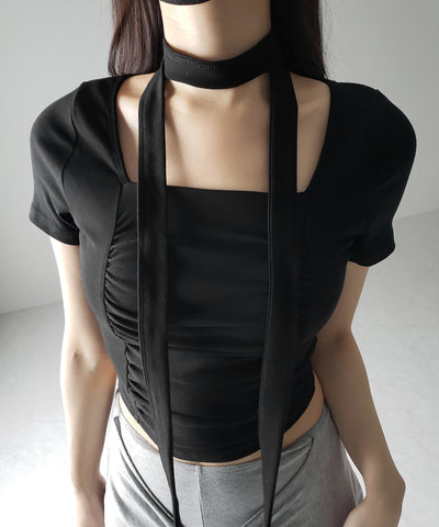 【 ２WAY 】チョーカーロングタイ付き スクエアネックギャザースリムＴシャツ ／ choker long tie SET square neck gather slim sleeve T-shirt