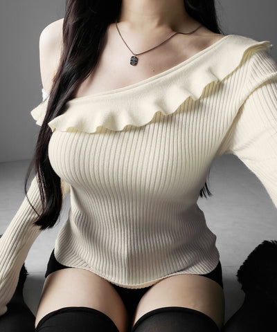 ワンショルフリルタイトリブニットトップス ／ one-shoulder frill tight rib knit tops