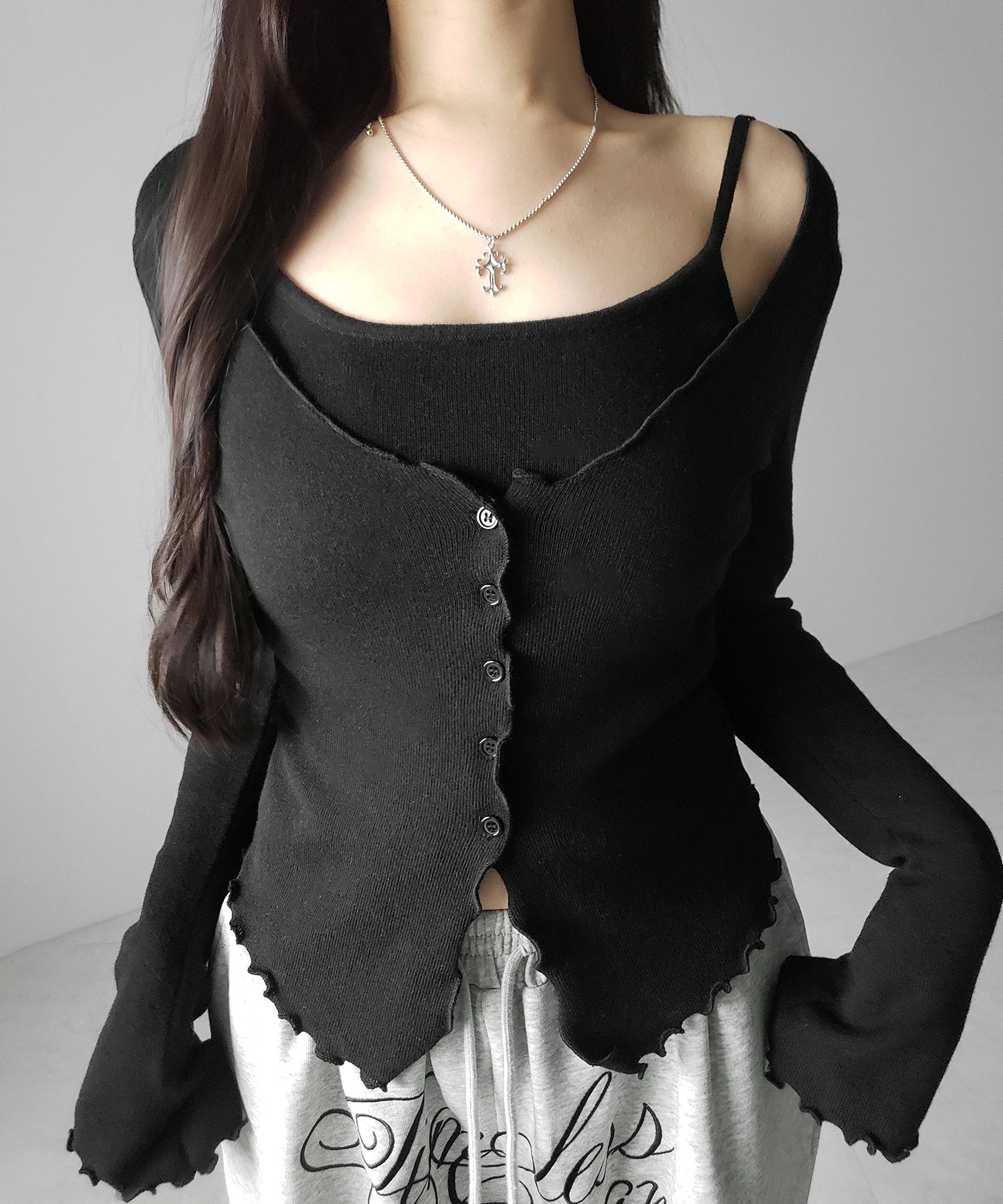 レイヤード風メロースリムニットカーディガン ／ layered mellow slim knit cardigan