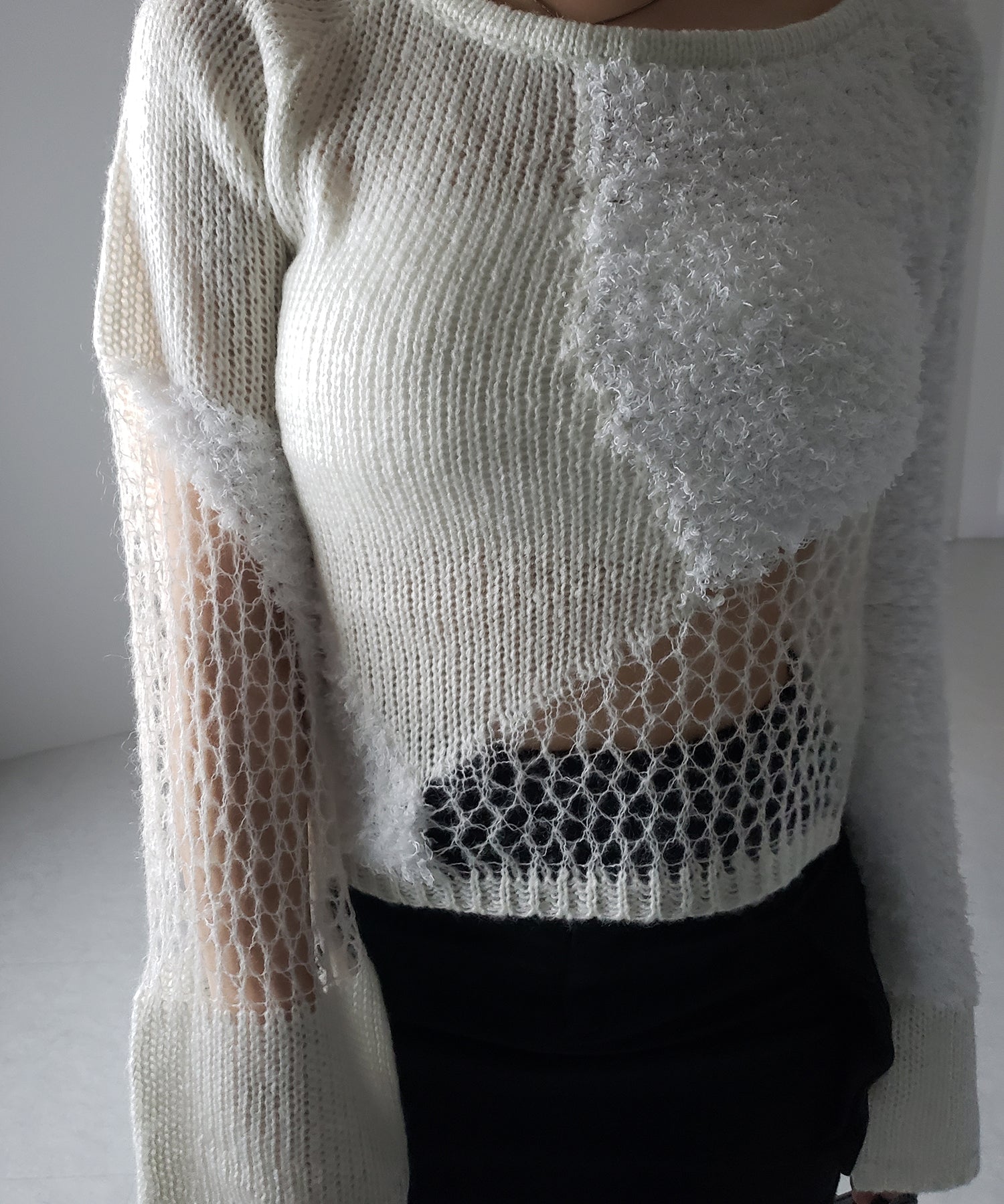 【 ２color 】異素材ドッキングスカシアミニットトップス ／ mixed material docking openwork knit tops