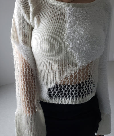 【 ２color 】異素材ドッキングスカシアミニットトップス ／ mixed material docking openwork knit tops