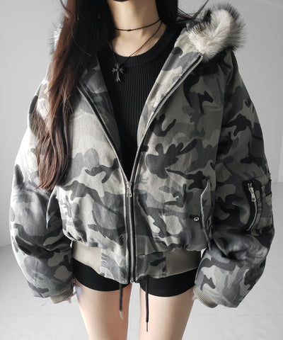 カモフラフェイクファーフーディ中綿ジャケット ／ camouflage fake fur hoodie down jacket