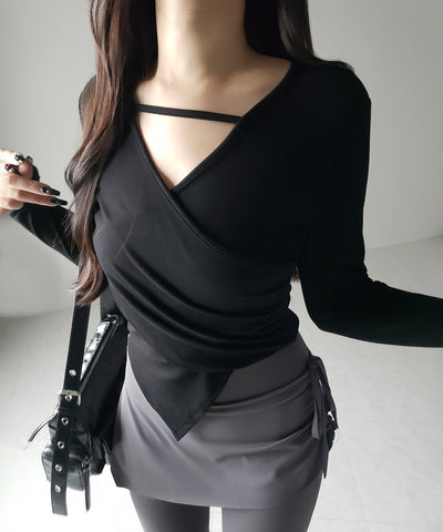 【 ３color 】ラインストラップギャザークロスレイヤードトップス ／ line strap gather cross layered Tops