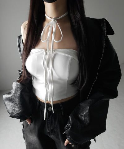 【 ２WAY／ カップ付 】ジップアップクロスストラップリボンベアトップス ／ zip up cross strap ribbon bare tops