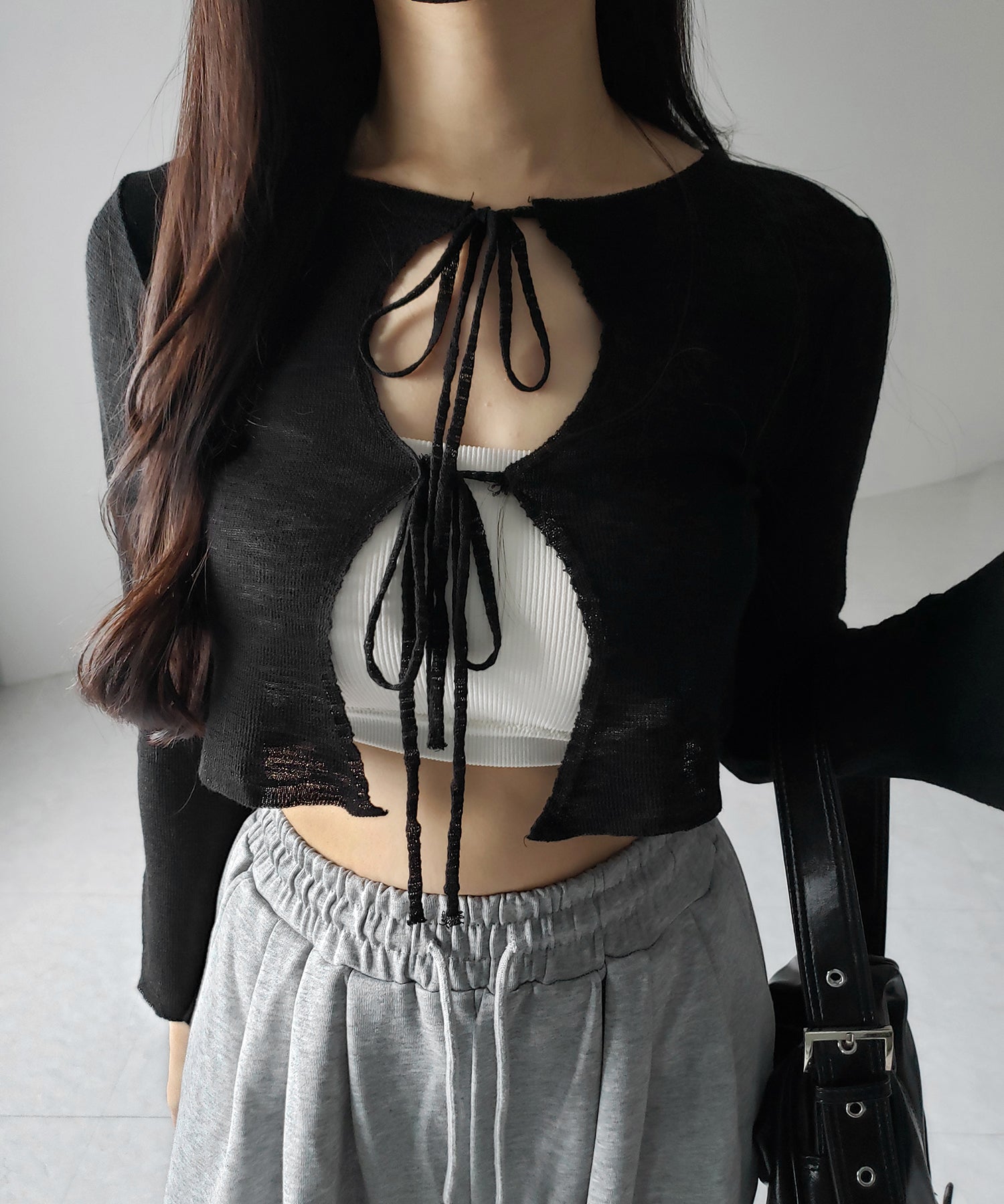 【 ２color 】ダブルリボンシアーニットショートカーディガン ／ double ribbon sheer knit short cardigan