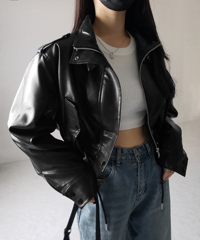 【 ２WAY 】スタンドカラーベルテッドフェイクレザーショートブルゾン ／ stand collar belted fake leather short blouson