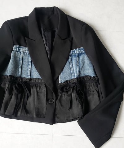 デニムフリルドッキングショートテーラードジャケット ／denim frill docking short tailored jacket