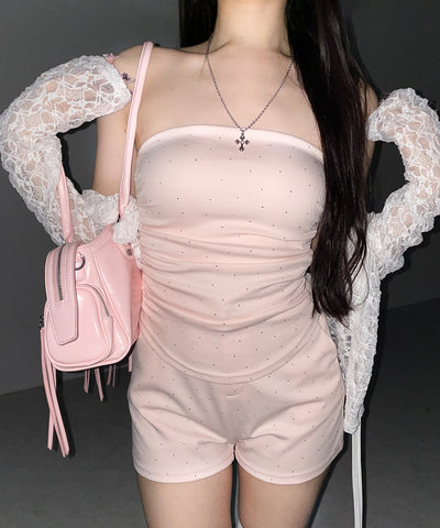 【 セットアップ 】ラインストーンベアトップ＋ハイウエストショートパンツ SET ／ 【 SETUP 】Rhinestone bare tops ＋ high waist short pants SET