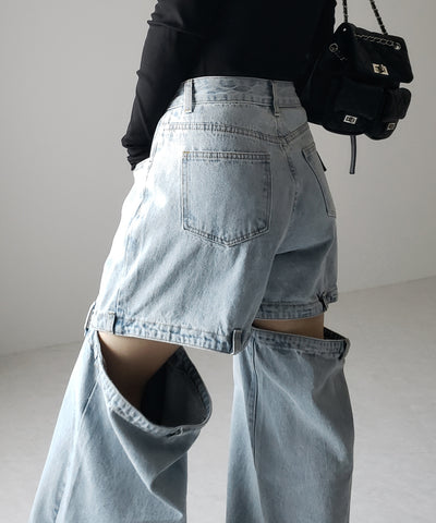 【 選べる３サイズ 】バックオープンカットアウトウォッシュワイドデニム ／ Back open cutout washed wide denim