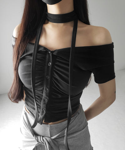 【 ３color 】チョーカーロングタイ付き　オフショルダータックギャザーＴシャツ ／ choker long tie SET offshoulder tuck gather slim T-shirt