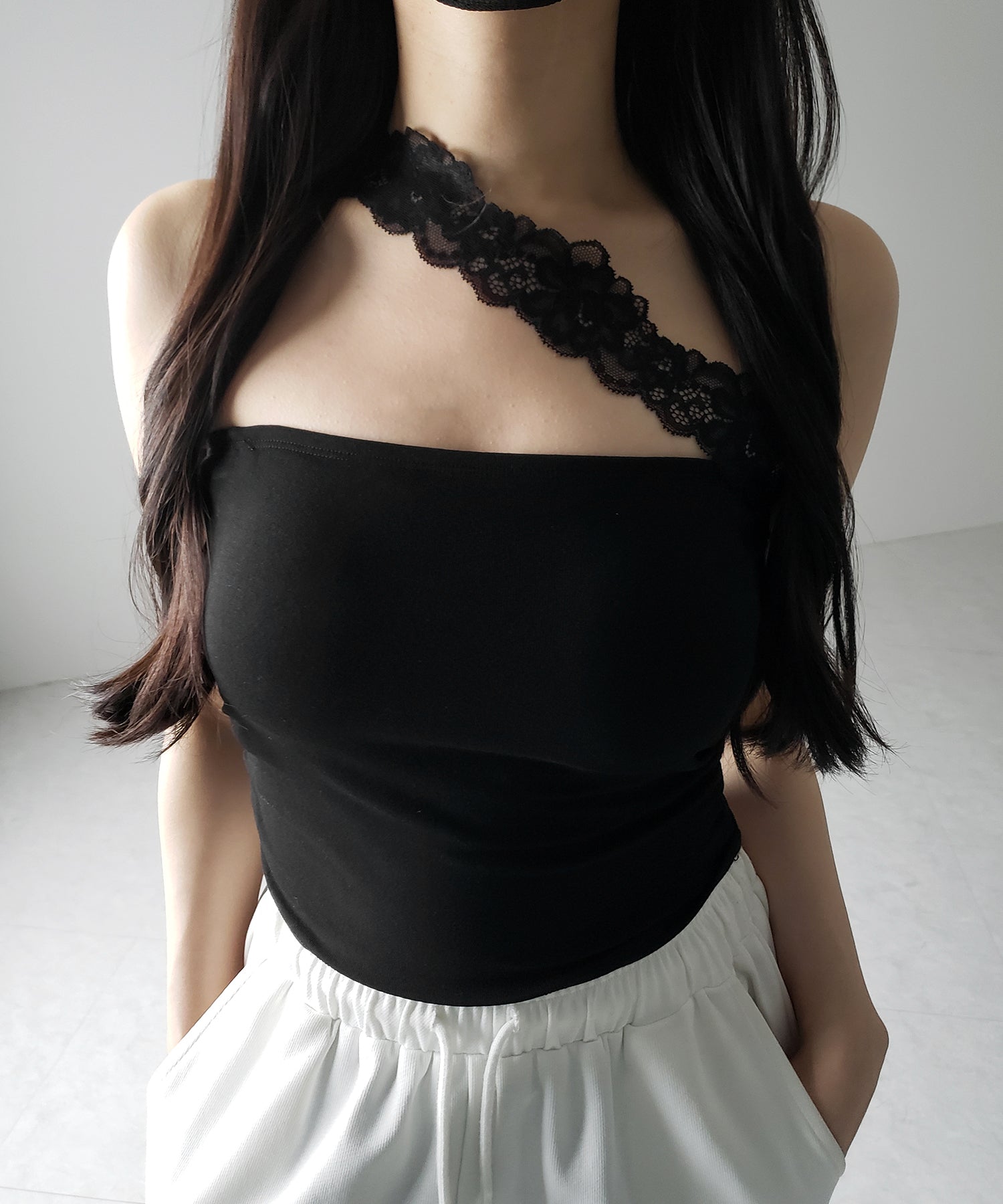 【 ２color ／ カップ付 】ナナメレーススクエアキャミソール ／ naname lace square camisole