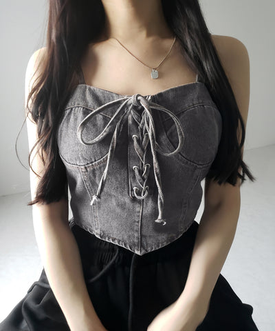 【 ２color 】レースアップリボンコルセットデニムビスチェ ／ lace up ribbon corset denim bustier