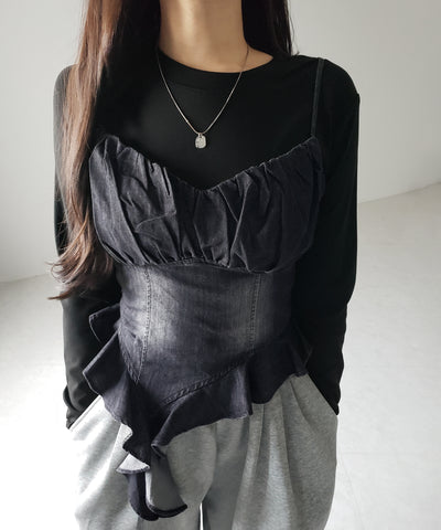 【 ２点セット 】ヴィンテージデニムビスチェ ＆ レイヤードＴシャツセット ／ vintage denim bustier & layered Ｔ-shirts set